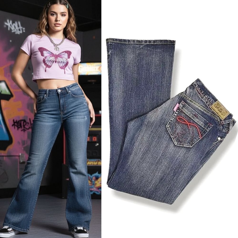 Y2K Gazoz‎ Blue High Rise Colorful Stitching Flare Jeans Size 11 | 12